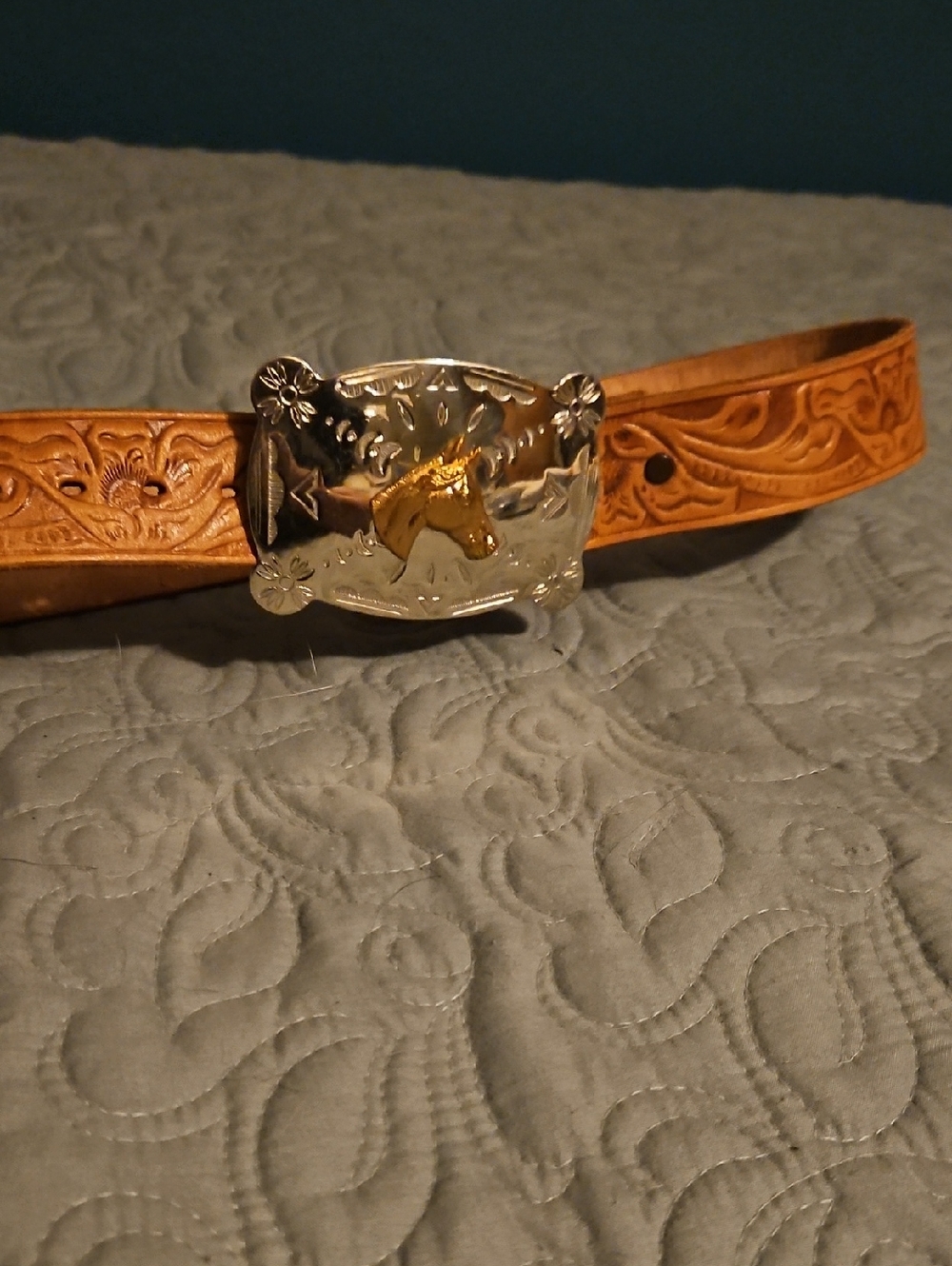Tooled Leather Kids Belt with Horse Buckle - Tan